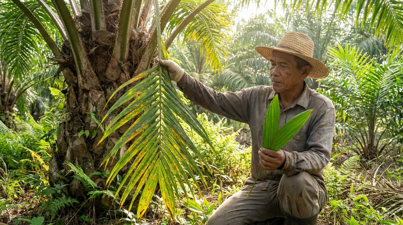 Pekebun sawit memeriksa zon akar dan pangkal pokok sawit sebelum pembajaan kalium