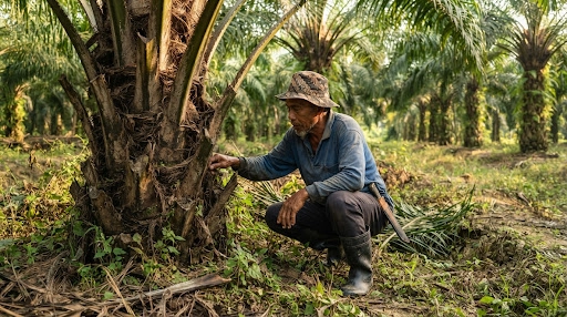 Pekebun memeriksa pangkal pokok sawit dan tandan buah muda di ladang
